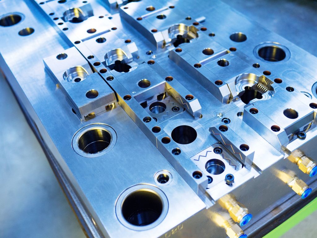 The metal plates of a plastic injection mold