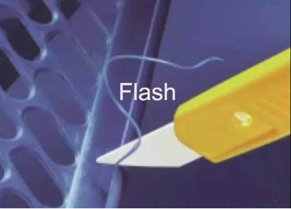Digital illustration representing how to reduce flash in injection molding using an small edge to trim off the extra plastic.