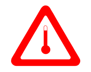 A graphic of triangle with a thermostat inside as a warning for hot.