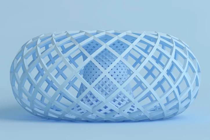 A plastic structure with a lightweight design: blue plastic criss-crosses and supports the piece in its most important places.
